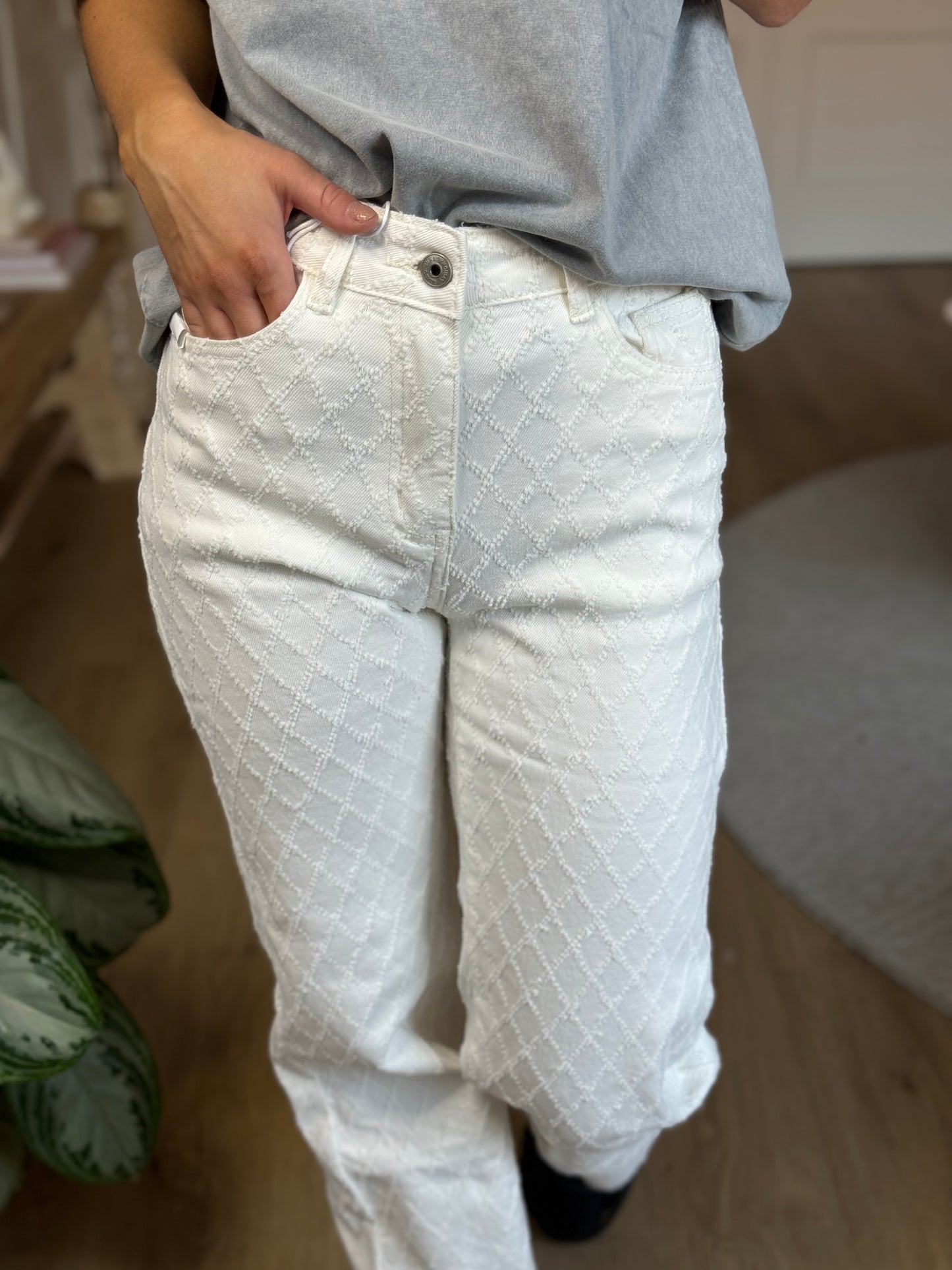 Wide leg jeans gerafeld patroon - White