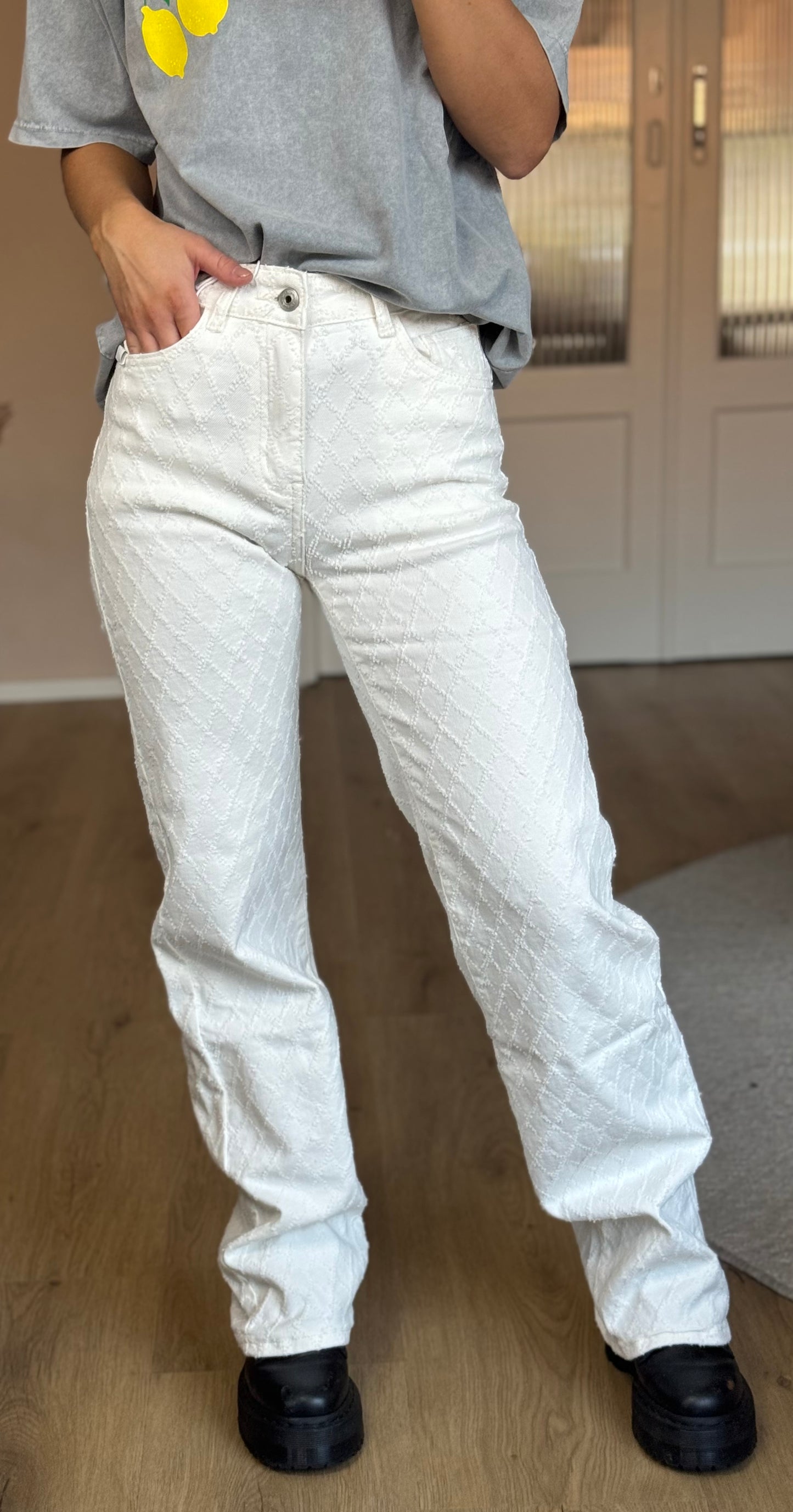 Wide leg jeans gerafeld patroon - White