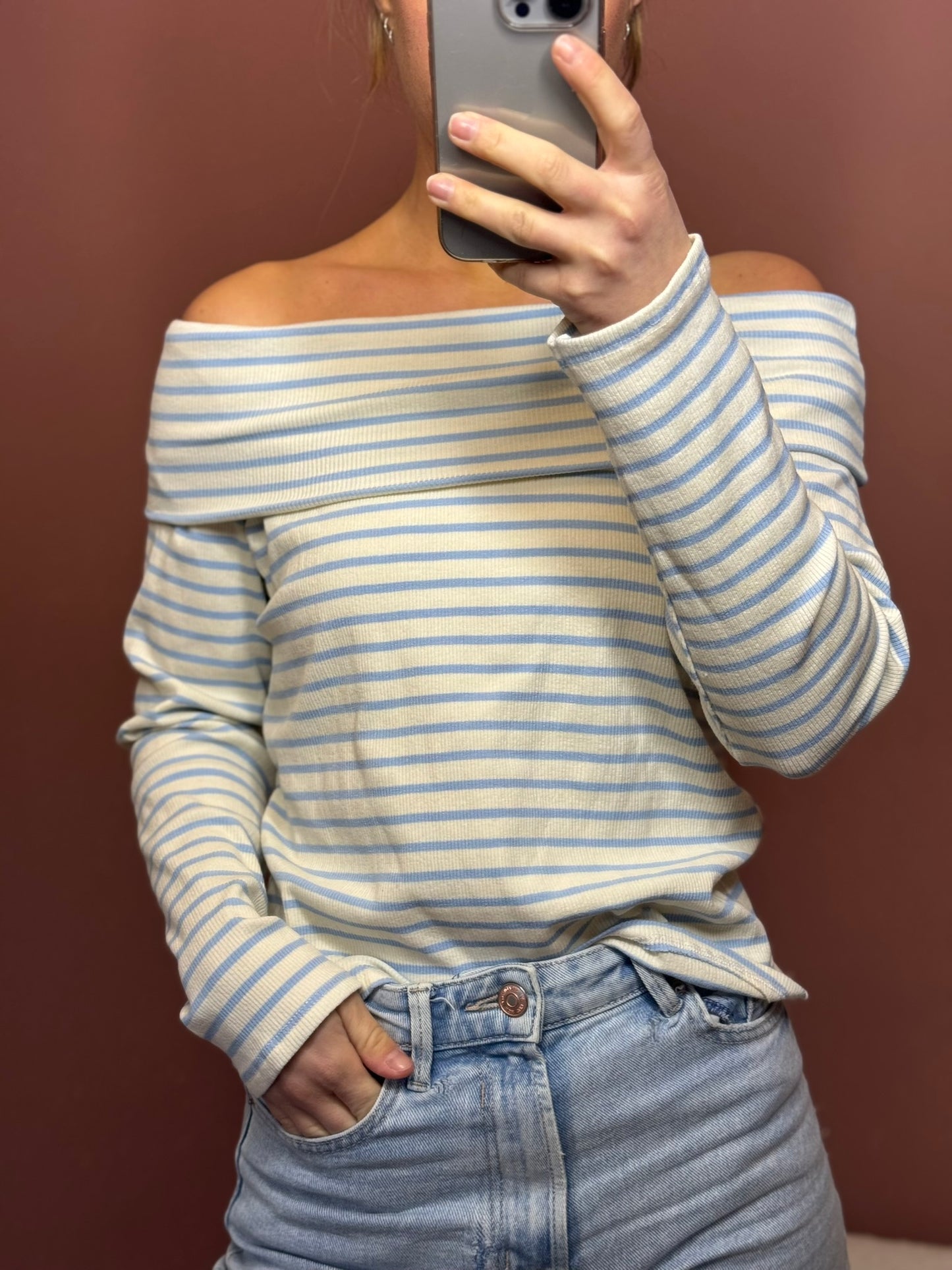 Off shoulder streep - Crème - LichtBlauw