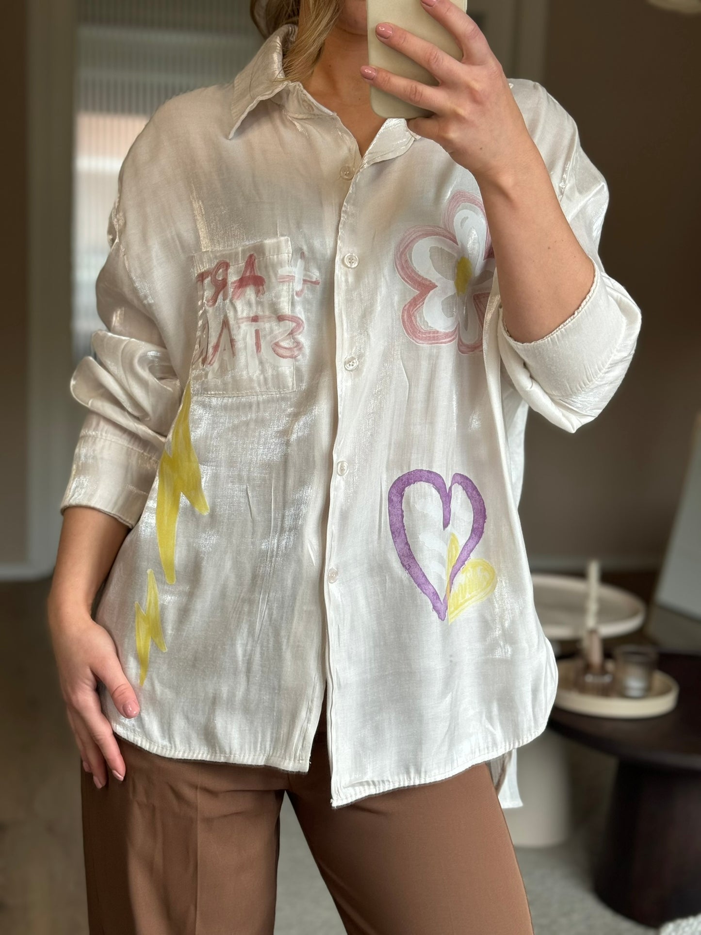 Glans blouse met print - Crème