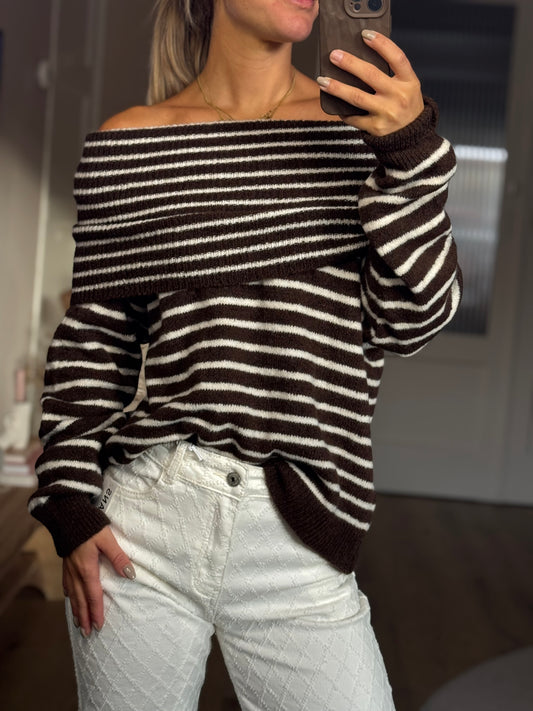 Off shoulder bruin/crème