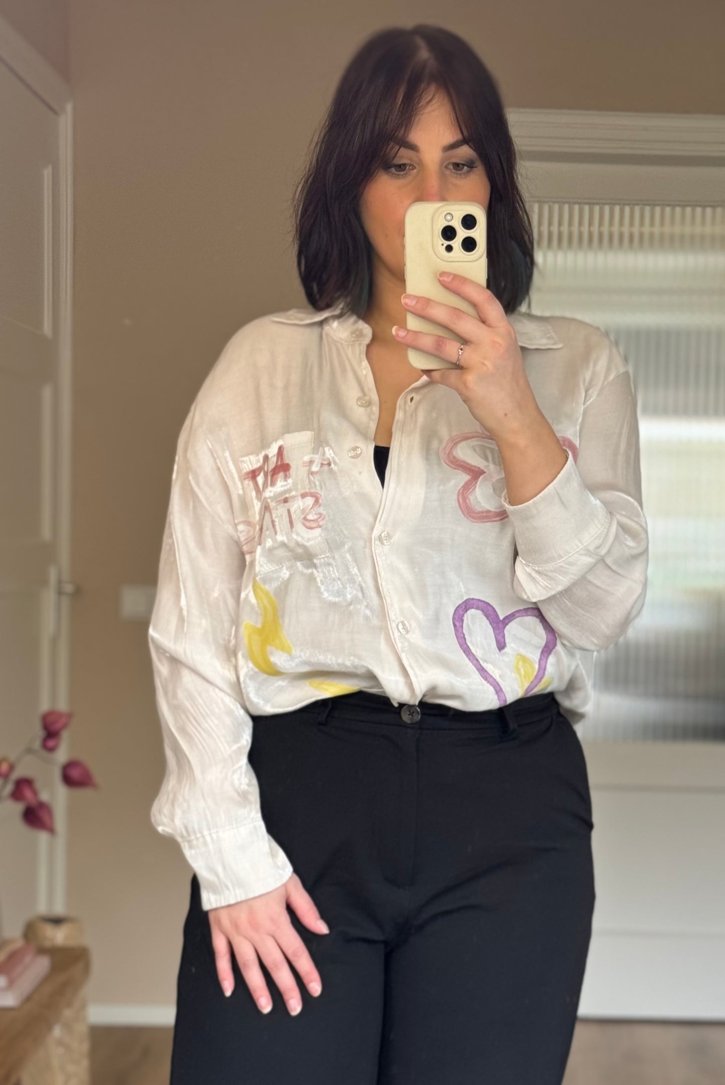 Glans blouse met print - Crème