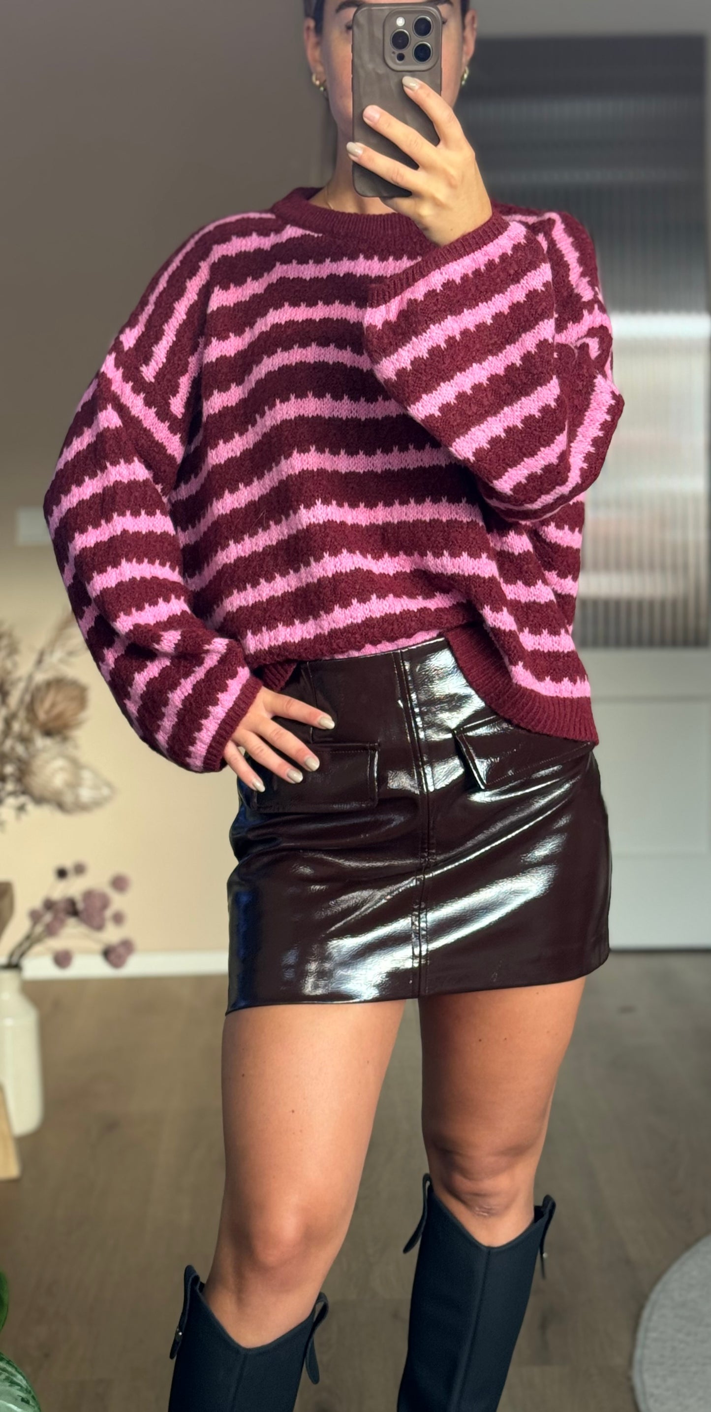 Trui ronde/bordeauxrood