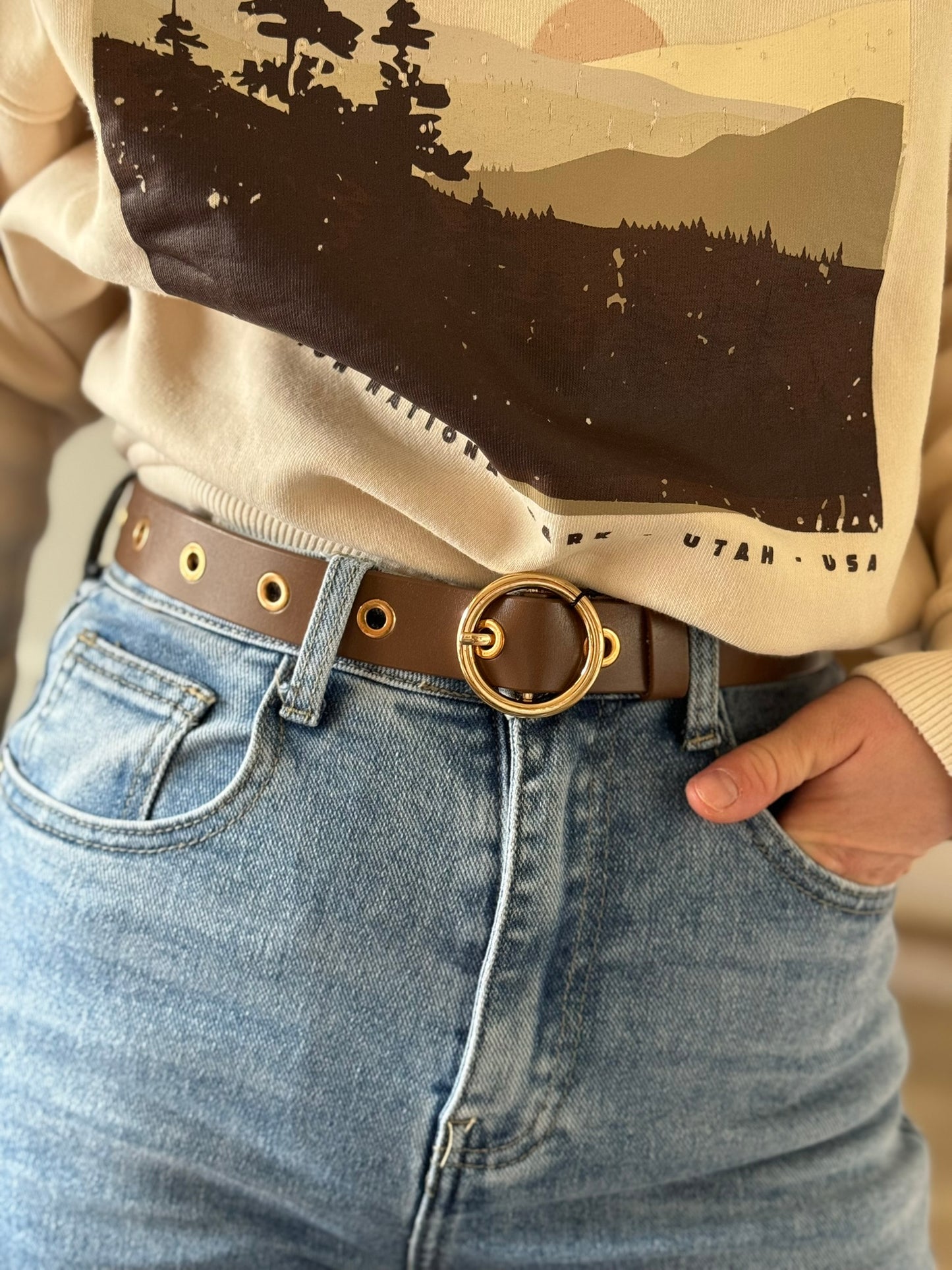 Leren riem met goudkleurige ringen - Bruin