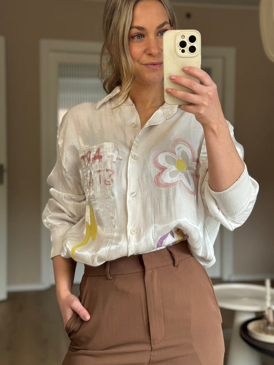 Glans blouse met print - Crème